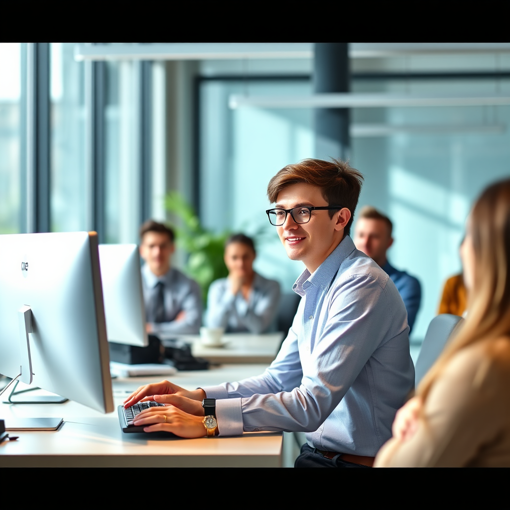 Portray a confident young adult at their workstation, successfully presenting to their colleagues. The image captures expressions of engagement from the audience, enhancing the theme of confidence building. The workspace is modern, with a focus on technology and organization. Natural light streams in, brightening the scene, and a color scheme of blues and whites adds a professional touch. The setting should evoke motivation and achievement.